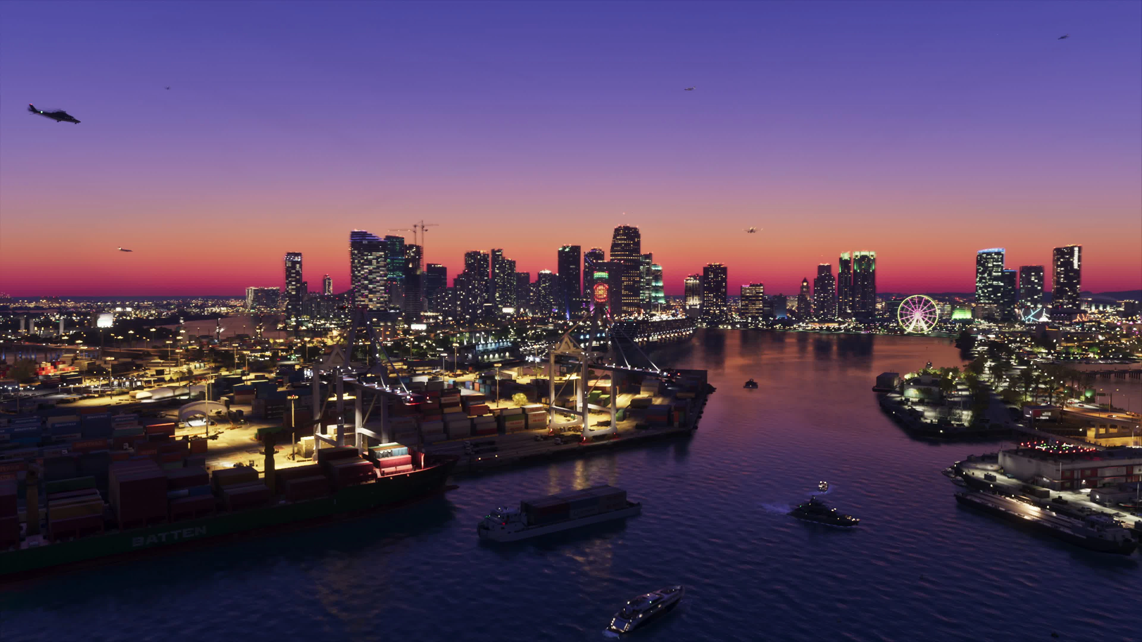 Vice City sunset skyline at dusk
